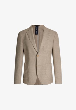 Beżowa marynarka wykonana z teksturowanej tkaniny, z dwoma przednimi kieszeniami, z zapięciem na jeden guzik i wyciętym kołnierzem.