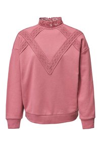 Sudadera rosa con cuello alto, con un borde de encaje y un patrón de encaje en forma de diamante en el frente. Tejido suave y texturizado.