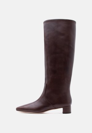 Tall brown leather boot with a pointed toe and low block heel, standing upright on a plain light background.