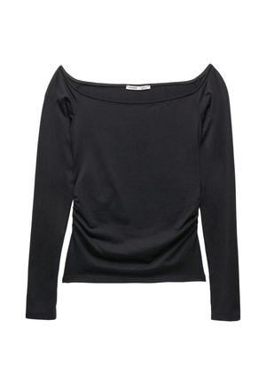 Sort langærmet top med off-the-shoulder udskæring, samlet sidepift og glat tekstur. Fremstillet af et strækbart, tætsiddende materiale.