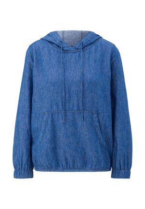 Blaues Denim-Hoodie mit Kängurutasche, elastischen Bündchen und Kordelzug. Weiche Textur mit lockerer Passform und genähten Details.