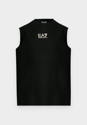 Svart ermeløs skjorte av bomull med rund hals og brodert EA7-logo i gull på forsiden. Jevn tekstur.