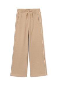 Beige Hosen mit weitem Bein aus weichem Stoff, ausgestattet mit einem elastischen Bund mit Kordelzug und kontrastierenden weißen Seitenstreifen.