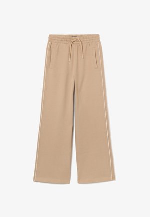 Beige wide-leg sweatpants with an elastic waistband and drawstring. Features two side pockets and contrasting white side stripes.