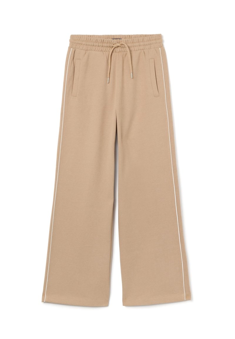 Beige Hosen mit weitem Bein aus weichem Stoff, ausgestattet mit einem elastischen Bund mit Kordelzug und kontrastierenden weißen Seitenstreifen.