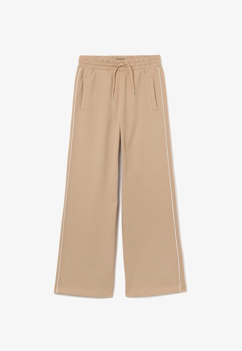Beige Hosen mit weitem Bein aus weichem Stoff, ausgestattet mit einem elastischen Bund mit Kordelzug und kontrastierenden weißen Seitenstreifen.