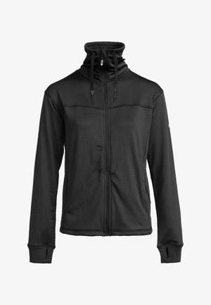 Giacca nera con zip, alta colletto e regolabili con cordino, realizzata in un tessuto testurizzato e con un design aderente, dotata di maniche lunghe.