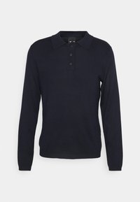 Polo a maniche lunghe blu navy con colletto classico, patta con tre bottoni e una consistenza morbida a maglia. Design minimalista, senza motivi o accenti visibili.