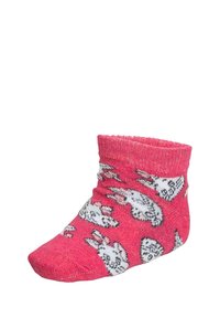 Calzini alla caviglia in cotone di un vivace colore rosa, con una stampa ripetuta di coniglietti in bianco e nero. Texture morbida con una ribattitura per una vestibilità sicura.