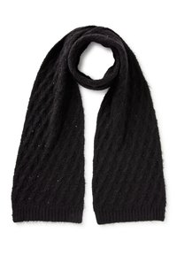 Écharpe noire en tricot avec un motif en losanges texturé, finition douce et extrémités côtelées. Des accents scintillants rehaussent son apparence.