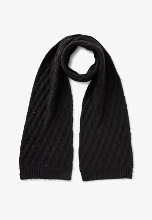 Zwarte gebreide sjaal met een gestructureerd diamanten patroon, een zachte afwerking en geribde uiteinden. Sprankelende accenten verbeteren het uiterlijk.