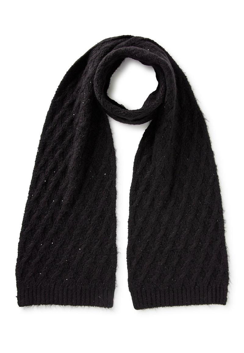 Écharpe noire en tricot avec un motif en losanges texturé, finition douce et extrémités côtelées. Des accents scintillants rehaussent son apparence.