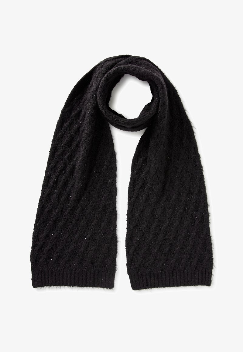 Écharpe noire en tricot avec un motif en losanges texturé, finition douce et extrémités côtelées. Des accents scintillants rehaussent son apparence.