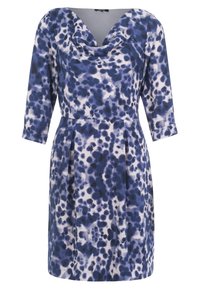 Modré a krémové vzorované šaty s roláčkem, tříčtvrtečními rukávy a skládací sukní. Vyrobeno z lehkého materiálu s hladkou texturou.