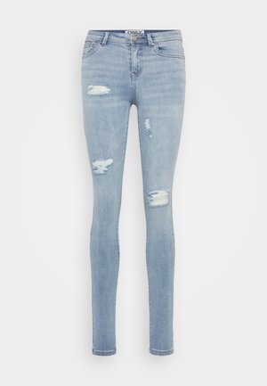 Light blue skinny jeans made of denim, featuring distressed areas with rips on the front, standard five-pocket design, and button closure.