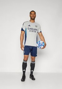 Szürke focimez sötétkék díszítéssel és „Emirates Fly Better” felirattal; tengerészkék nadrág; fekete zokni fehér csíkokkal; focilabdát tart.