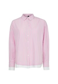 Camicia a righe con linee verticali rosa e bianche, colletto e chiusura con bottoni. Maniche lunghe con polsini bianchi. Materiale in misto cotone.