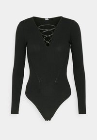 Schwarzer gerippter Body mit langen Ärmeln, tiefem V-Ausschnitt mit Schnürdetails und sanft abgerundetem Saum. Glattes, dehnbares Material.