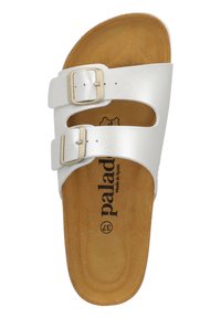 Weiße Ledersandalen mit zwei verstellbaren Schnallen, offenem Design, Korkfußbett und texturiertem braunem Innenfutter, mit "palad"-Markierung.