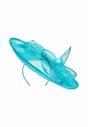 Blue wide-brimmed mesh fascinator with decorative mesh loops and feathers attached to a thin headband.