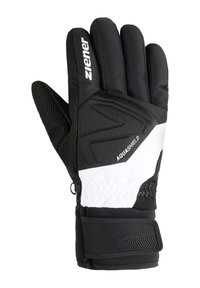 Black waterproof winter glove with a white accent, textured grip, reinforced palm, and elastic cuff for a secure fit. Features brand logo.