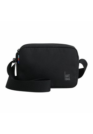 Borsa a tracolla rettangolare nera con cerniere, tracolla regolabile e logo. Realizzata in materiale resistente con superficie testurizzata e accenti laterali colorati.