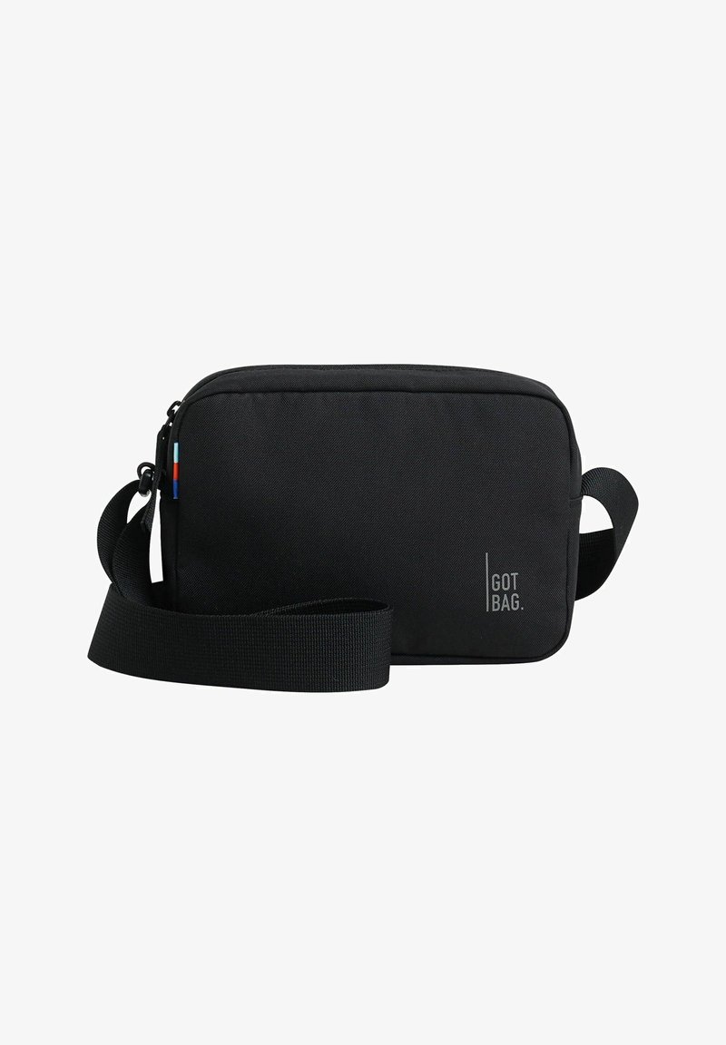 Borsa a tracolla rettangolare nera con cerniere, tracolla regolabile e logo. Realizzata in materiale resistente con superficie testurizzata e accenti laterali colorati.