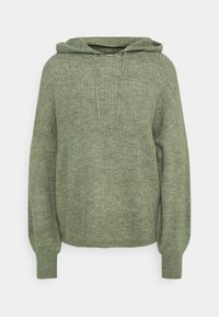 Zielona, prążkowana bluza z kapturem o miękkiej teksturze, z wygodnym, regulowanym dekoltem, luźnym krojem i dopasowanymi mankietami. Prosty design bez dodatkowych wzorów.