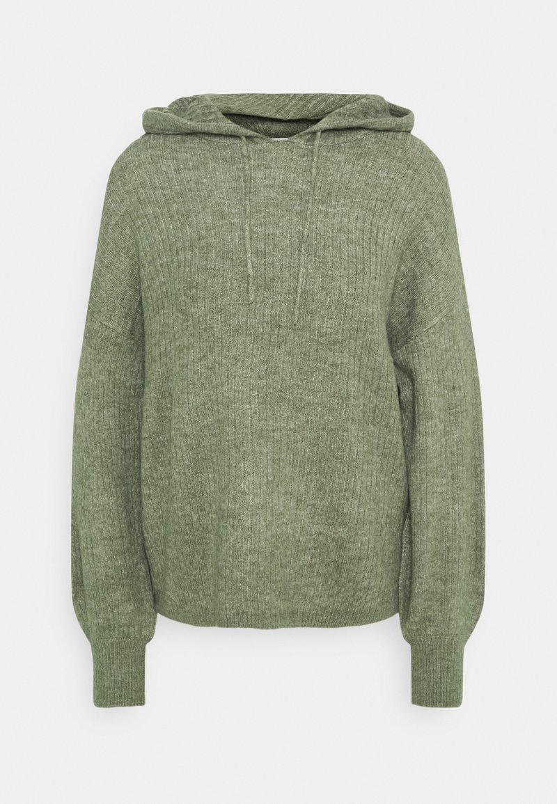 Zielona, prążkowana bluza z kapturem o miękkiej teksturze, z wygodnym, regulowanym dekoltem, luźnym krojem i dopasowanymi mankietami. Prosty design bez dodatkowych wzorów.