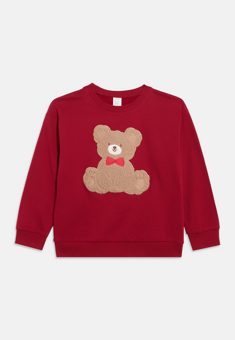 Red long-sleeve sweatshirt with a textured teddy bear wearing a red bow tie on the front, featuring ribbed cuffs and hem.