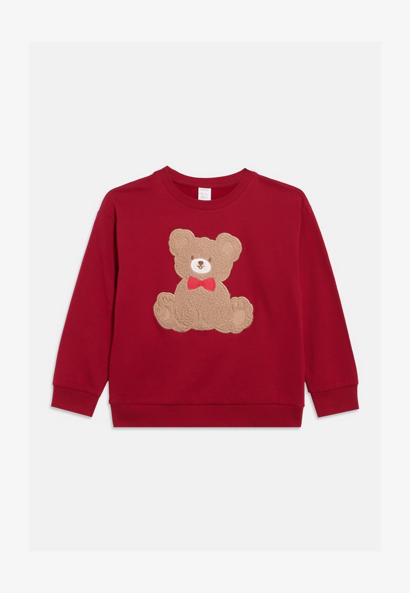 Red long-sleeve sweatshirt with a textured teddy bear wearing a red bow tie on the front, featuring ribbed cuffs and hem.