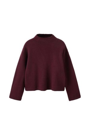 Pull en maille bordeaux avec un col montant, des épaules tombantes et des manches longues. Présente une coupe courte et une texture côtelée.