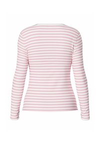 Ilgų rankovių marškiniai su briaunotu tekstūru, vertikaliai rožinėmis ir baltomis juostomis. Apykaklės forma ir prigludusi siluetas be užsegimų.