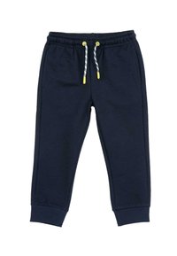 Pantalons de survêtement navy avec taille élastique, dotés d'un cordon de serrage avec embouts jaunes, de poignets côtelés et de poches latérales. Matériau doux en mélange de coton.