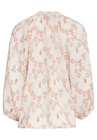 Lightweight, patterned blouse featuring a gathered neckline, balloon sleeves, and a repeating diamond and floral motif in soft peach and gray tones.