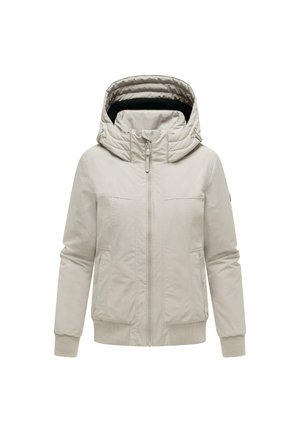 Lichtbeige capuchonjack met ritssluiting aan de voorkant, twee zijzakken en geribbelde boorden en zoom, getoond op een witte achtergrond.