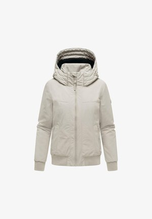 Lichtbeige capuchonjack met ritssluiting aan de voorkant, twee zijzakken en geribbelde boorden en zoom, getoond op een witte achtergrond.