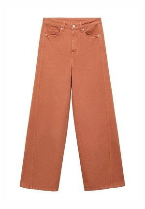 Rustrøde brede jeans lavet af bomuld. Har forlommer, høj talje og kontrasterende syninger langs sømmene.