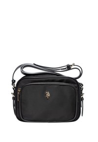 Borsa a tracolla nera, realizzata in nylon, con hardware dorato, tasche doppie con zip e un richiamo al logo. Texture liscia e tracolla regolabile.