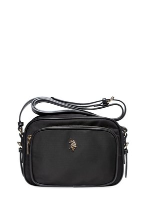 Borsa a tracolla nera, realizzata in nylon, con hardware dorato, tasche doppie con zip e un richiamo al logo. Texture liscia e tracolla regolabile.