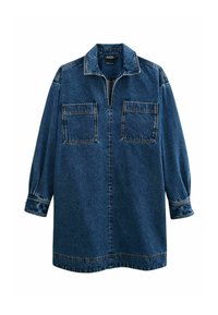 Robe tunique en denim bleu marine avec un col, un zip moitié à l'avant, deux poches poitrine et de longues manches avec poignets froncés.