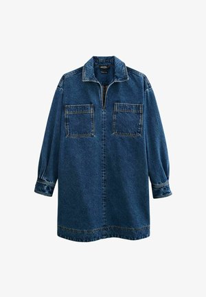 Robe tunique en denim bleu marine avec un col, un zip moitié à l'avant, deux poches poitrine et de longues manches avec poignets froncés.
