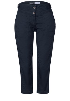 Navy blauwe cropped broek van gladde stof, met dubbele knoopsluiting, voorzakken en subtiele stikdetails.