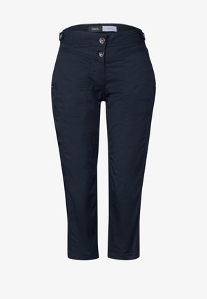 Navy blauwe cropped broek van gladde stof, met dubbele knoopsluiting, voorzakken en subtiele stikdetails.