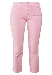 Jeans in denim rosa chiaro con vestibilità slim, design a cinque tasche, chiusura frontale con bottone e dettagli di cucitura discreti lungo le cuciture.