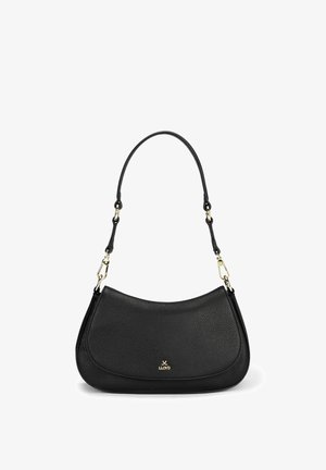 Schwarze Schultertasche aus strukturiertem Leder mit abnehmbarem Riemen und goldfarbenen Beschlägen, mit kleinem Logo in der Mitte vorne.