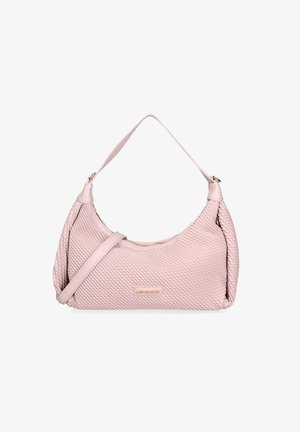 Borsa a spalla rosa con texture e motivo intrecciato, chiusura con zip e tracolla removibile. Presenta accenti in metallo.