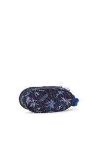 Astuccio in tessuto blu scuro con un motivo floreale in blu e verde, forma rotonda, chiusura con zip e un pom-pom blu come dettaglio.
