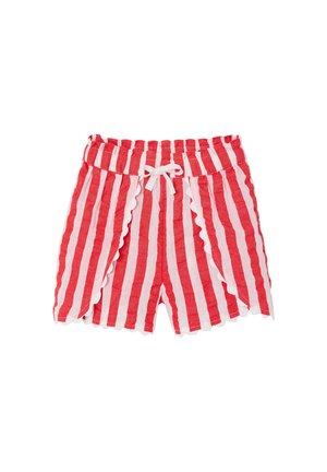 Red and white vertically striped shorts with scalloped edges and a white drawstring tie at the elastic waistband.