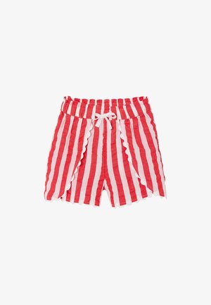 Rot-weiß gestreifte Shorts mit vertikalen Streifen, gezackten Kanten und einem weißen Kordelzug am elastischen Bund.